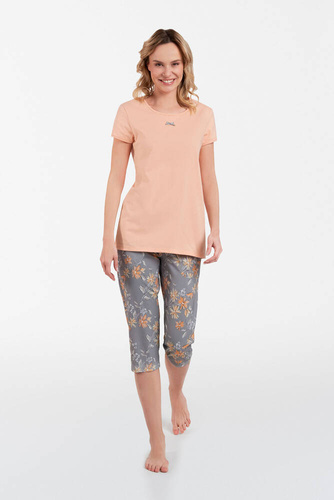 Kasali Dámske pyžamo s krátkym rukávom a 3/4 nohavicami Italian Fashion - lososová/potlač