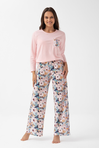 348 Dámske pyžamo Luna pink - bavlna, dlhý rukáv, kvetinový vzor, pohodlie a štýl