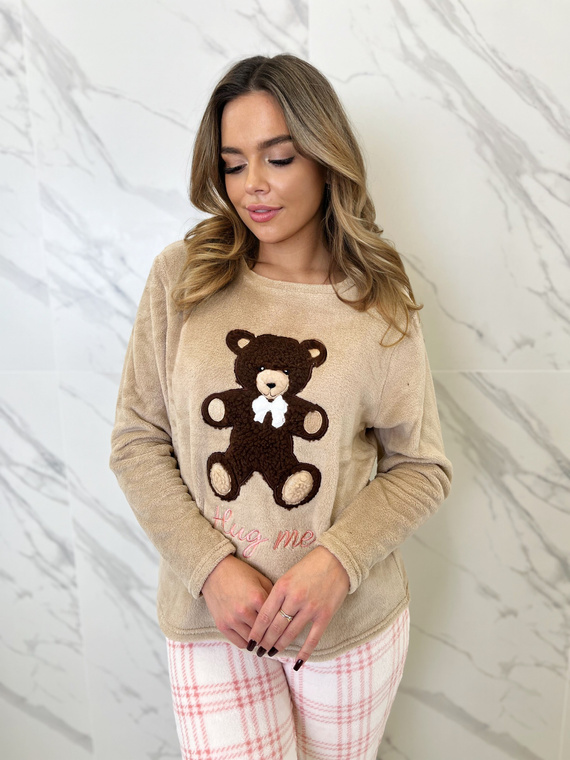 Madlen Dámske pyžamo Sorbetto hnedé - fleece, s výšivkou medvedíka a károvanými nohavicami