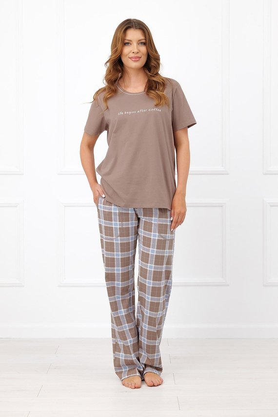 Dámska pyžama Italian Fashion Delma 100% bavlna kocka dlhé nohavice - cappuccino