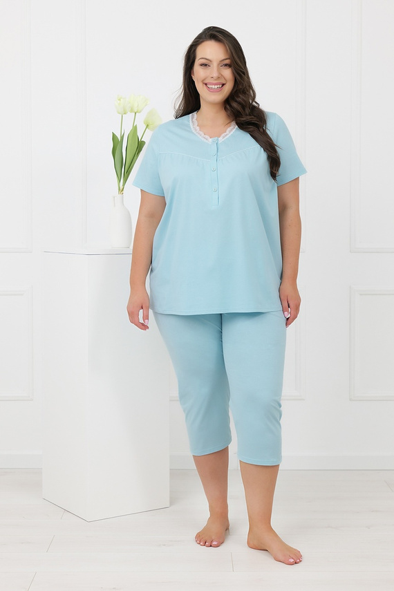 Hemaria Italian Fashion bavlnená dámska pižama 3/4 plus size tyrkysová