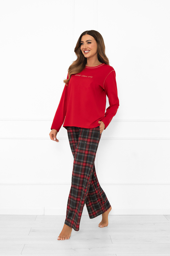 Dámske pyžamo Italian Fashion v červenej farbe - bavlna, dlhý rukáv a nohavice, károvaná