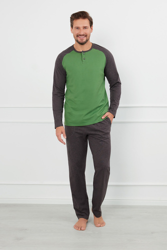 Alexander Pánske pyžamo s dlhým rukávom, dlhé nohavice Talianska móda - zelená/c.melange