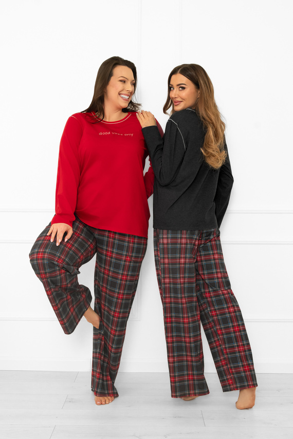 Dámske pyžamo Italian Fashion v červenej farbe - bavlna, dlhý rukáv a nohavice, károvaná