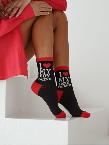 Dámske ponožky Milena 0200-151 I Love My Boyfriend black- bavlnené valentínske ponožky, ideálne na darček, vysoký komfort