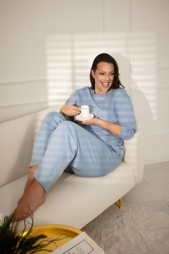 Dámske pyžamo Ksara Italian Fashion - bavlnené, s dlhým rukávom a nohavicami s vreckami - oceľové