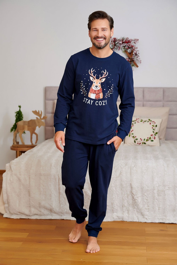 Pižama pánska Doctor Nap 7504 Oh Deer tmavomodrá bavlnená s jeleňom