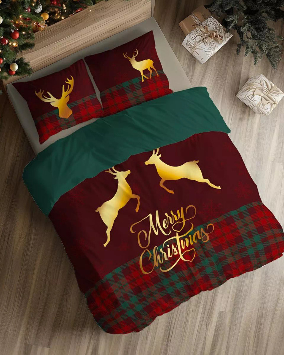 5827 Vianočné sny Detexpol kockované bavlnené posteľné prádlo s veselými vianočnými sobmi - vianočný set 100% bavlna