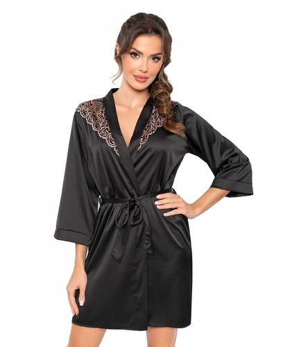 Sabrina Donna čierny župan - saténové negližé s čipkou, viazané v páse