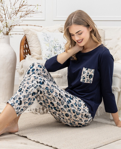 Dámske pyžamo Leveza Victoria 1664 - bavlnené, tmavomodré, s dlhým rukávom