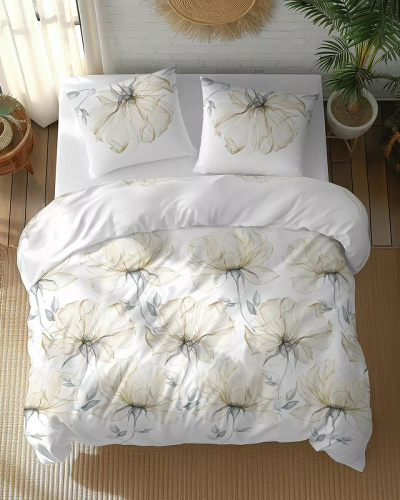 5770 B Cotton Bloom Detexpol biela posteľná bielizeň s veľkými krémovými kvetmi - 100% bavlna, obojstranná, poľská výroba