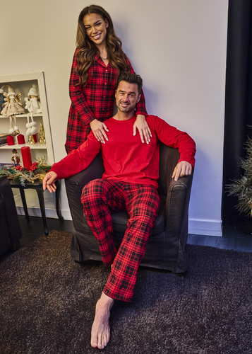 124/305 Denali Cornette - pánske bavlnené pyžamo s dlhým rukávom, červené, kárované nohavice