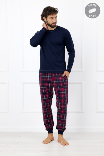 Italian Fashion Brajan pánske pyžamo Mega Soft dlhé nohavice káro tmavomodrá
