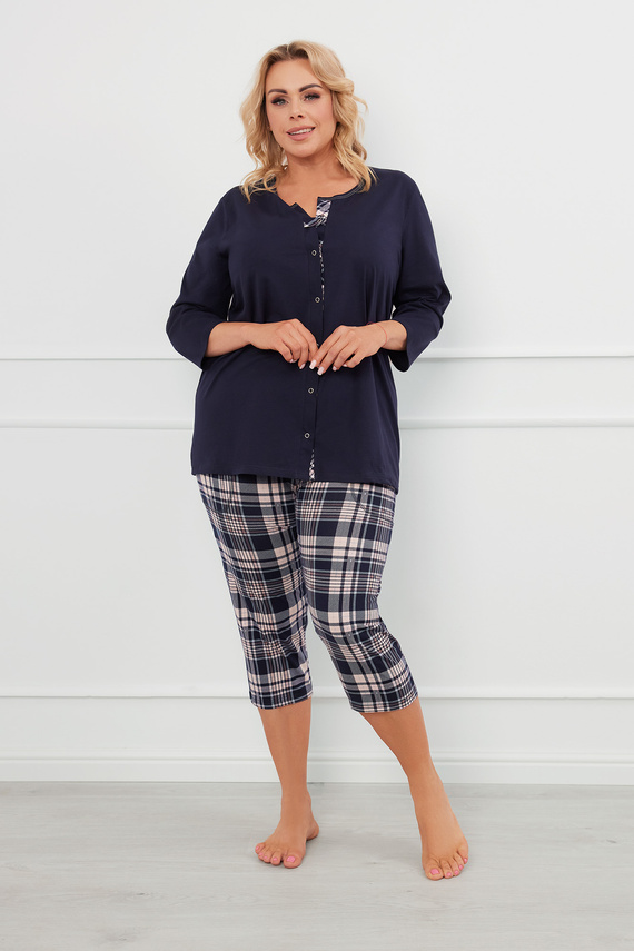 Dona Dámske pyžamo 3/4 rukávy, 3/4 nohavice Talianska móda - tmavomodrá/potlač