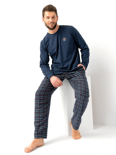 MNS 481 Pánske pyžamo Key navy blue - bavlna, dlhý rukáv a hladké nohavice