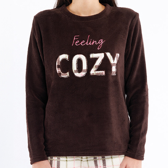 Liliana Sorbetto hnedé pyžamo - teplý károvaný fleece s výšivkou