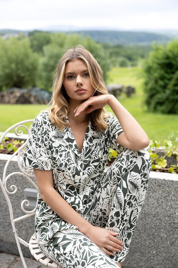 Dámske pyžamo Louise Sensis khaki-ecru z viskózy, košeľa a dlhé nohavice