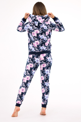 355/464 Dámske pyžamo Maddie Cornette - námornícka modrá 3-dielne s blúzkou s kvetmi a mikinou s kapucňou