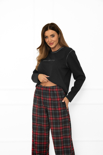 Talianska móda dámske pyžamo tmavá melanžová bavlna, dlhý rukáv a nohavice, kockované
