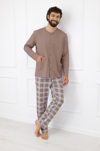 Italian Fashion Wilhelm pánska pyžama 100 % bavlna, gombíky, károvaná - cappuccino