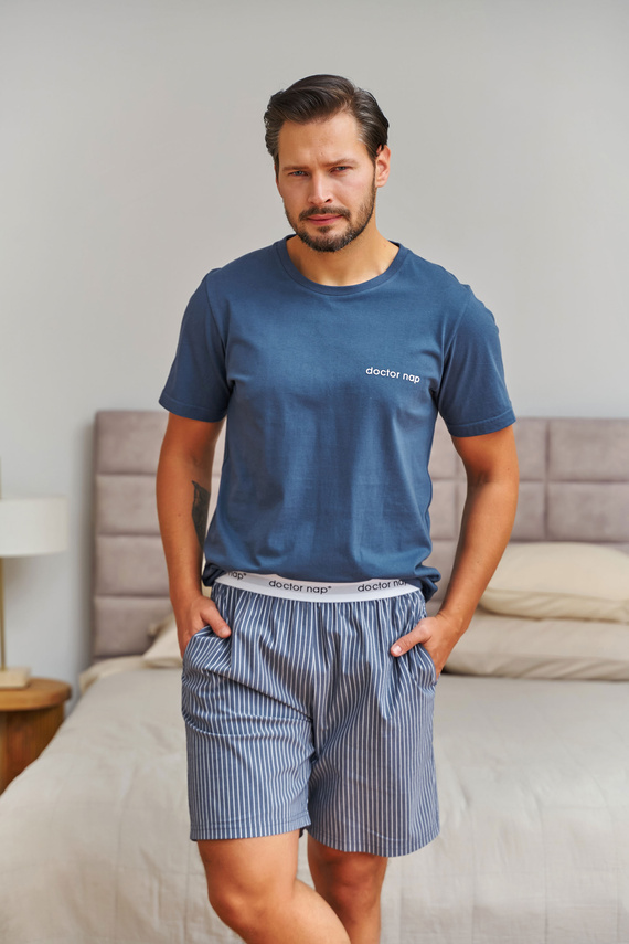 7424 Doctor Nap pánska bavlnená pyžama denim blue pruhované šortky