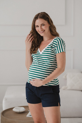Blúzka pre tehotné a dojčiace ženy na dva spôsoby | Pohodlná blúzka s krátkym rukávom Milk&Love so zelenými a bielymi pruhmi