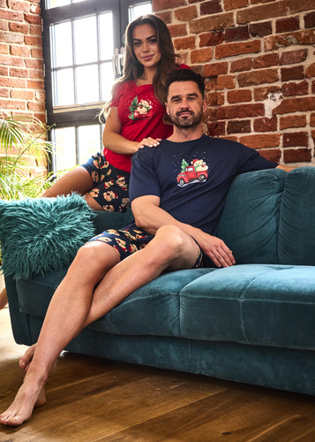 326/291 Teddy 4 Cornette pánske pyžamo - vianočné, tmavomodré, bavlnené, krátky rukáv