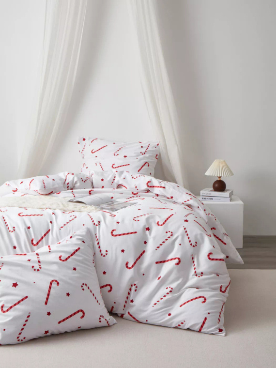 Candycanes Vianočné bavlnené saténové posteľné prádlo Spod Igły i Nitki biele červené candycanes - elegantné a mäkké