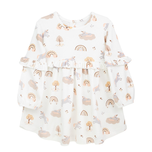 141970 Nicol šaty s dlhým rukávom - krémová bavlna s jednorožcami