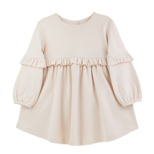 141973 Nicol šaty s dlhým rukávom - béžové, bavlnené, s volánmi