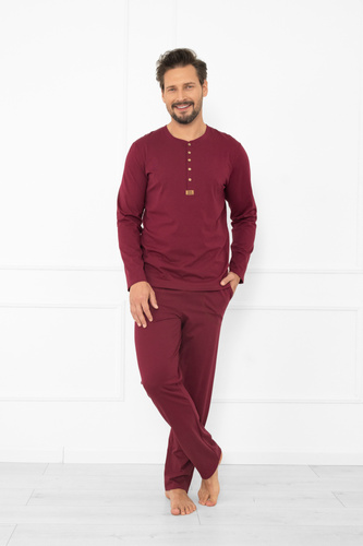 Pánske pyžamo Gordo - klasická bavlna, polokošeľa a nohavice s vreckami Italian Fashion - bordová