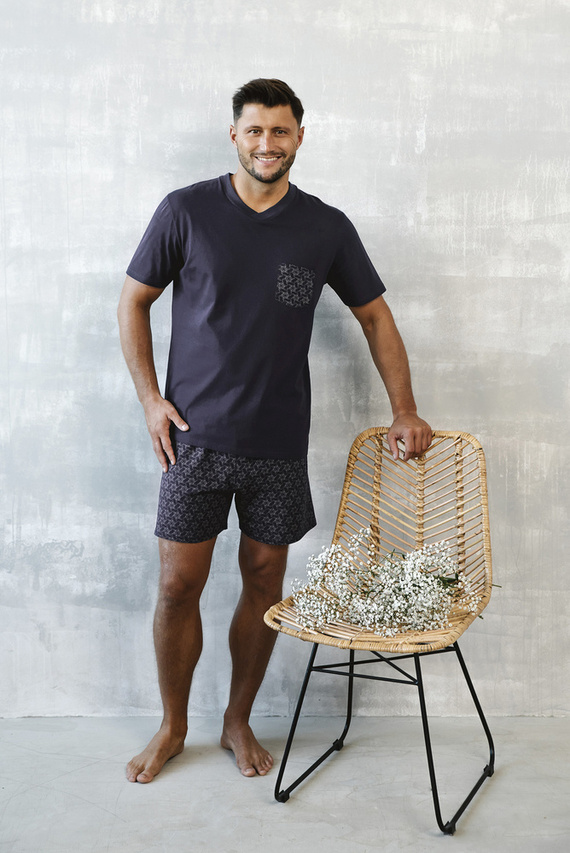 Diaz Pánske pyžamo s krátkym rukávom, šortky Italian Fashion - námornícka modrá/potlač