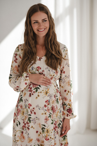 Krásne šaty Midi Milk&Love krémové kvetinové tehotenské a dojčiace šaty z ľanu, elegantný strih s dojčiacimi zipsami