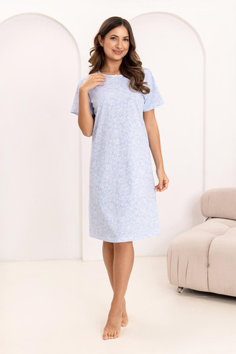 169 Nočná košeľa Regina modrá - bavlna, kvetinový vzor, polkruhový výstrih