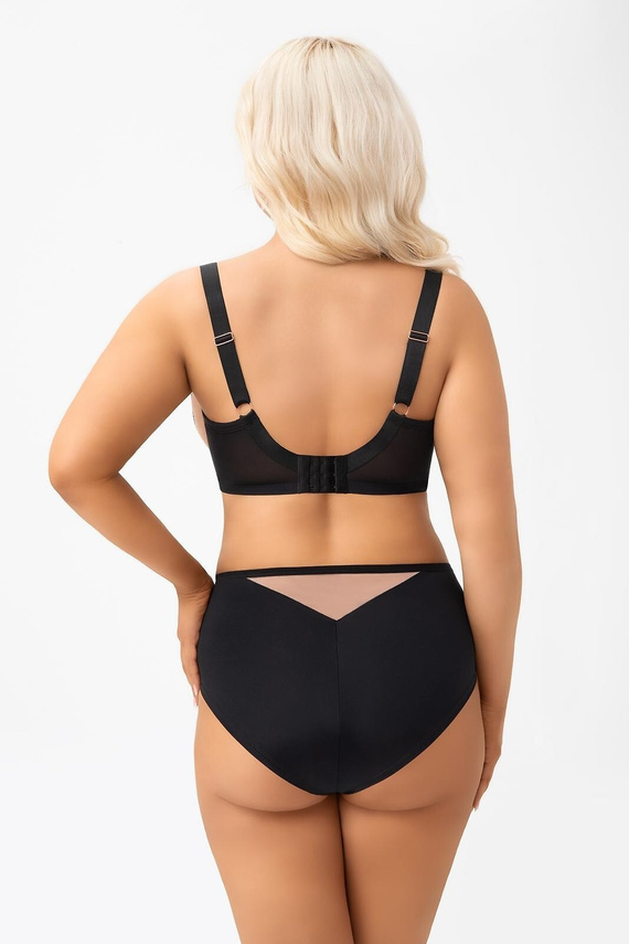 Dámske nohavičky F 001 Lexi Gorsenia black - elegantné nohavičky s vysokým pásom, čipkovou vsadkou, elastickým tylom a ozdobnými prvkami vo farbe ružového zlata