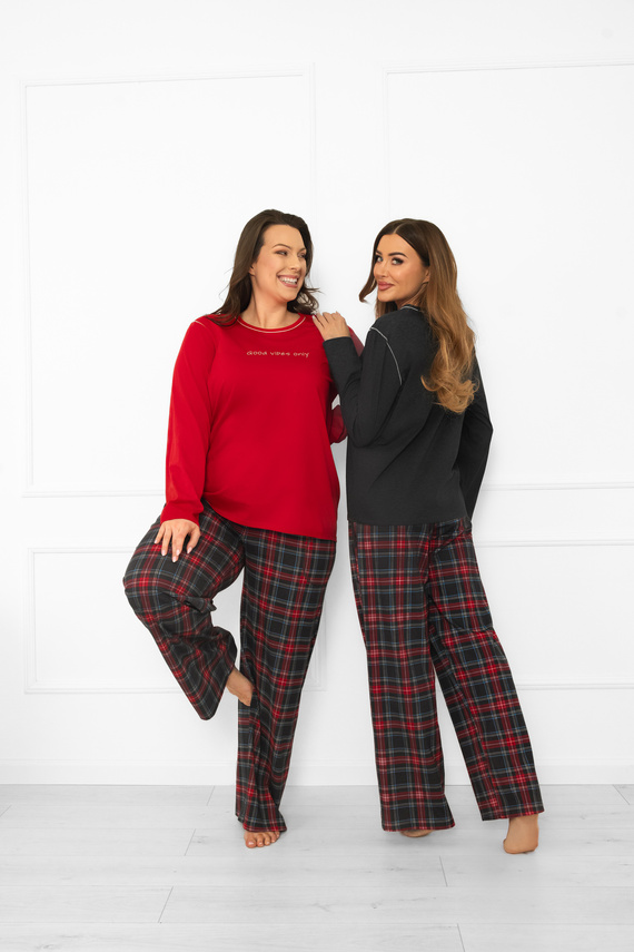 Dámske pyžamo Italian Fashion v červenej farbe - bavlna, dlhý rukáv a nohavice, károvaná