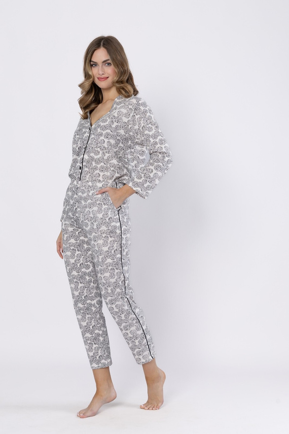 1609 Bronia Leveza pyžamo čierne - klasické, zapínanie na gombíky, dlhý rukáv