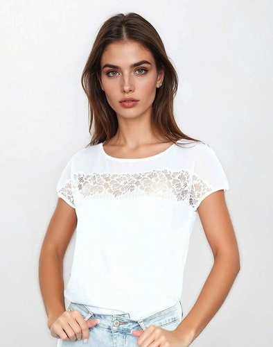 Elegantná dámska blúzka Trisha Eldar white| Elastická viskóza + tylová sieťovina a kvetinová čipka | Do kancelárie, na večer a na špeciálne príležitosti