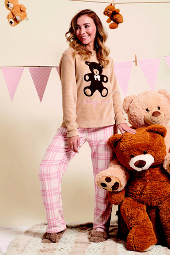 Madlen Dámske pyžamo Sorbetto hnedé - fleece, s výšivkou medvedíka a károvanými nohavicami