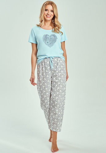 3513 Alessia Dámske tyrkysové pyžamo - 100% bavlna, tričko s krátkym rukávom, 7/8 nohavice