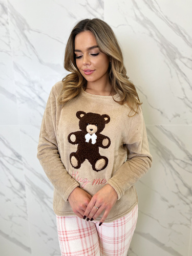 Madlen Dámske pyžamo Sorbetto hnedé - fleece, s výšivkou medvedíka a károvanými nohavicami