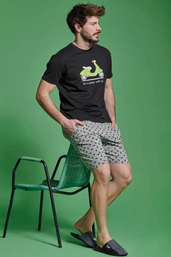 Pánske krátke pyžamo Kenny Sorbetto - bavlnené s potlačou skútra, čierne