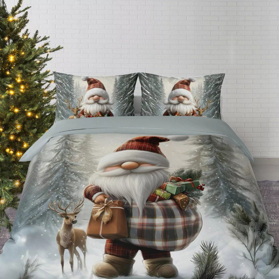 5828 Vianočné sny Detexpol bavlnené posteľné prádlo so škriatkom a sobom v zimnom lese - vianočná súprava 100% bavlna