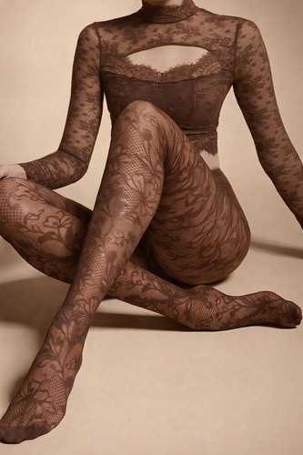 Dámske pančuchové nohavice Knittex Chantilly 30 den – kvetinový čipkový vzor mocca