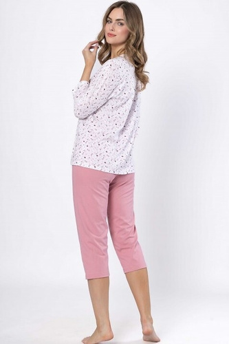 Dámske pyžamo Dobrusia 1636 - ružové bavlnené, 3/4 rukáv, zapínanie na gombíky