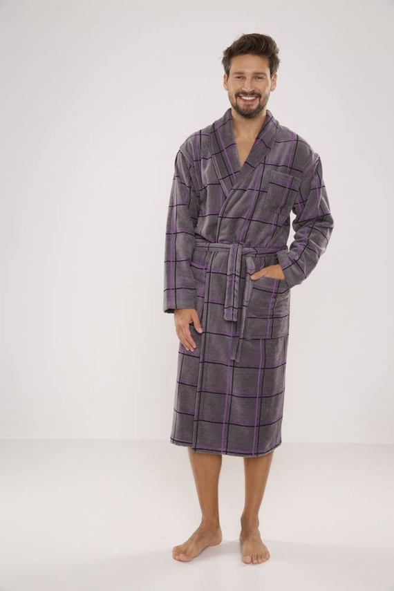 803 / 819 Pánsky froté župan Twin Forex - sivý s fialovou kockou (sivá kocka)