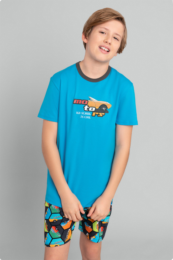 Komické chlapčenské pyžamo s krátkym rukávom, nohavice Italian Fashion - tyrkysová/potlač