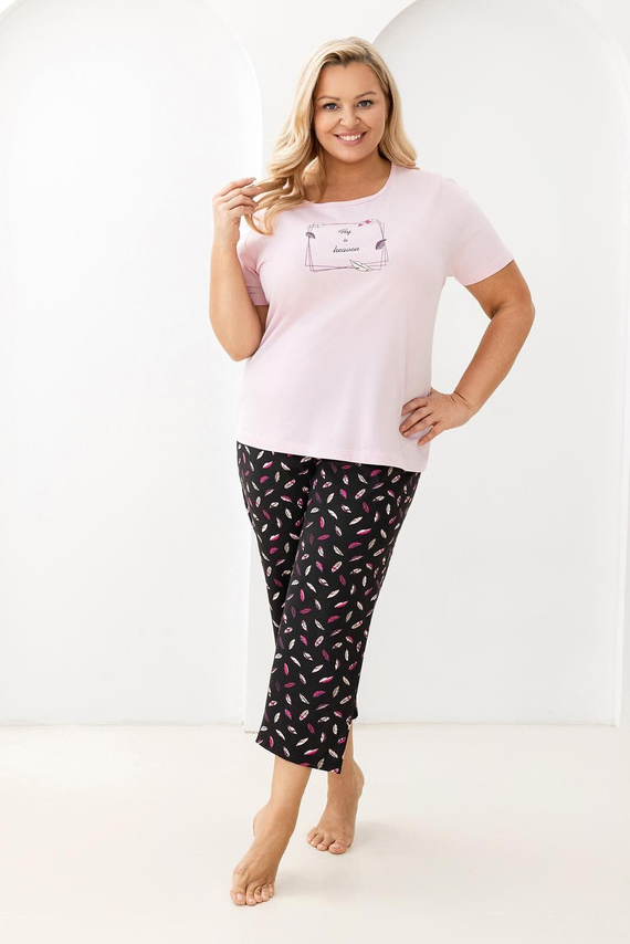 733 Ružové pyžamo Regina - bavlna, krátke rukávy, polkruhový výstrih, potlač na prednej strane