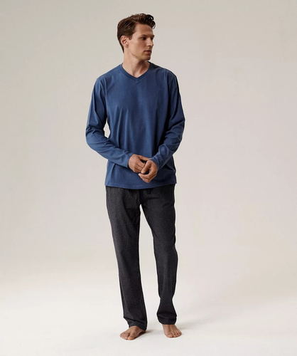 Pánske pyžamo NMP-389 Atlantic - modrá bavlna, dlhý rukáv, štýlová súprava na chladné noci