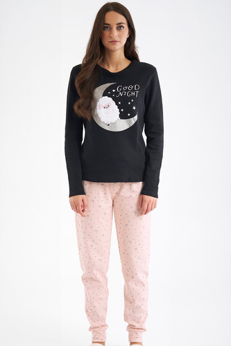 Shearly Dámske pyžamo Sorbetto čierne - 100% bavlna, 3D aplikácie, nohavice na šnúrku